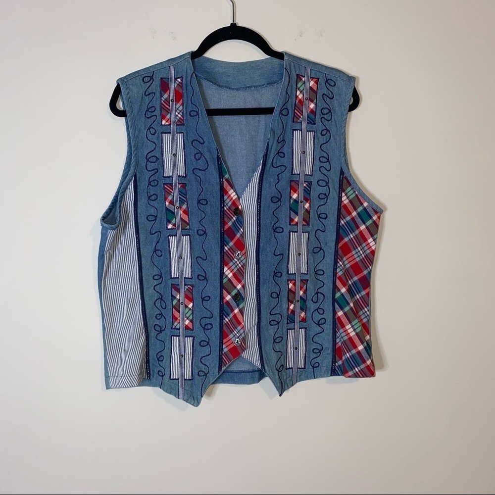 Vintage Plaid and Stripe Denim Button Down Vest